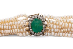14K Gold Emerald and Diamond Multi-Strand Pearl Necklace