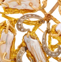 14K Yellow Gold Pearl Diamond Freeform Brooch, 20th Century, 0.30ct