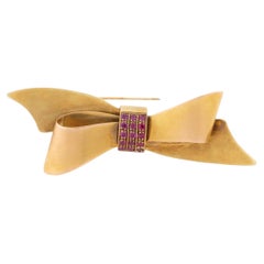 Modernist 14K Yellow Gold and Ruby Ribbon Bow Brooch