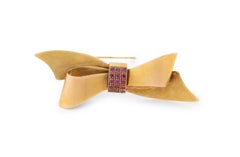 Modernist 14K Yellow Gold and Ruby Ribbon Bow Brooch