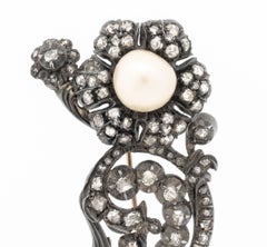 Victorian Sterling Silver Diamond and Pearl Brooch