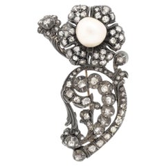 Victorian Sterling Silver Diamond and Pearl Brooch