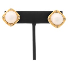 Modernist Mabe Pearl and Diamond 14K Yellow Gold Earrings