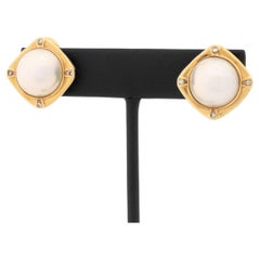 Modernist Mabe Pearl and Diamond 14K Yellow Gold Earrings