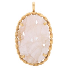 Chinese Carved Floral Motif Rose Quartz 14K Yellow Gold Pendant