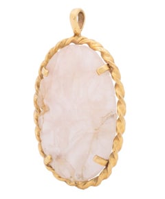 Chinese Carved Floral Motif Rose Quartz 14K Yellow Gold Pendant