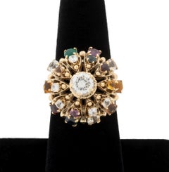 14K Yellow Gold and Multicolored Gemstone Cluster Ring