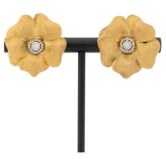 Flower Form 14K Yellow Gold and Diamond Art Earrings