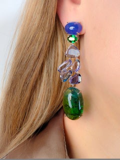 Long green blue tourmaline tanzanite drop earrings 18k 750 white gold cabochon