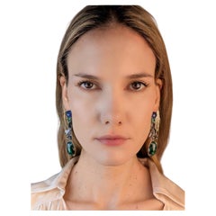 Long green blue tourmaline tanzanite drop earrings 18k 750 white gold cabochon