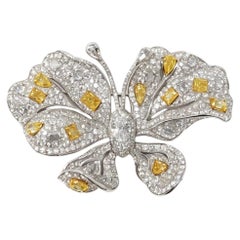 Modern Yellow and White Diamond Butterfly Brooch in 18k White Gold