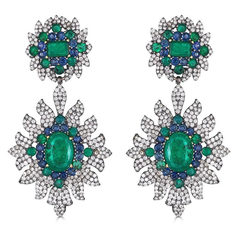 Amazing Faux Diamond Large Cabochon Emerald Drop Earrings at 1stdibs