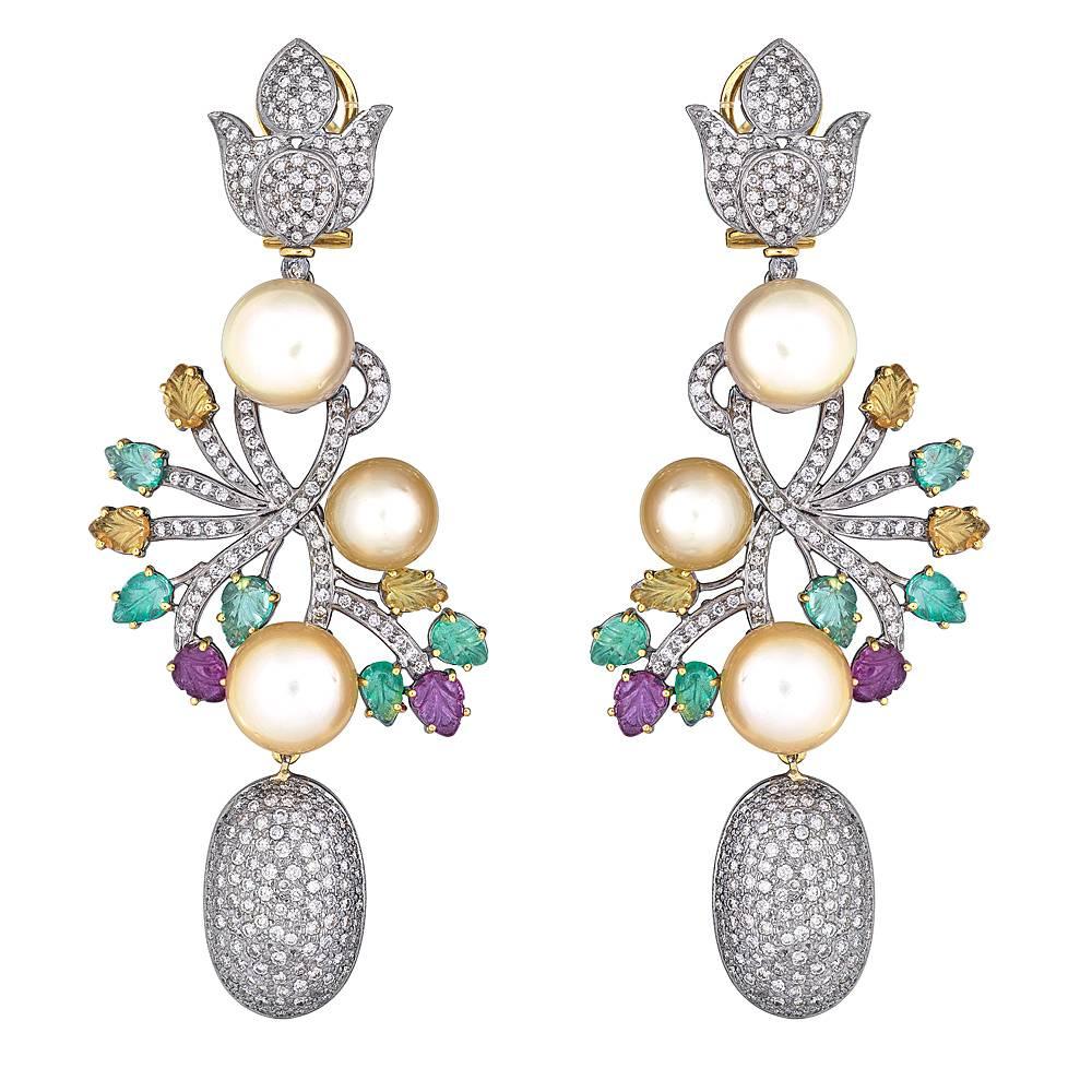 18 Karat Gold Drop Earrings Set Diamonds, Ruby, Emerald and South Sea Pearl