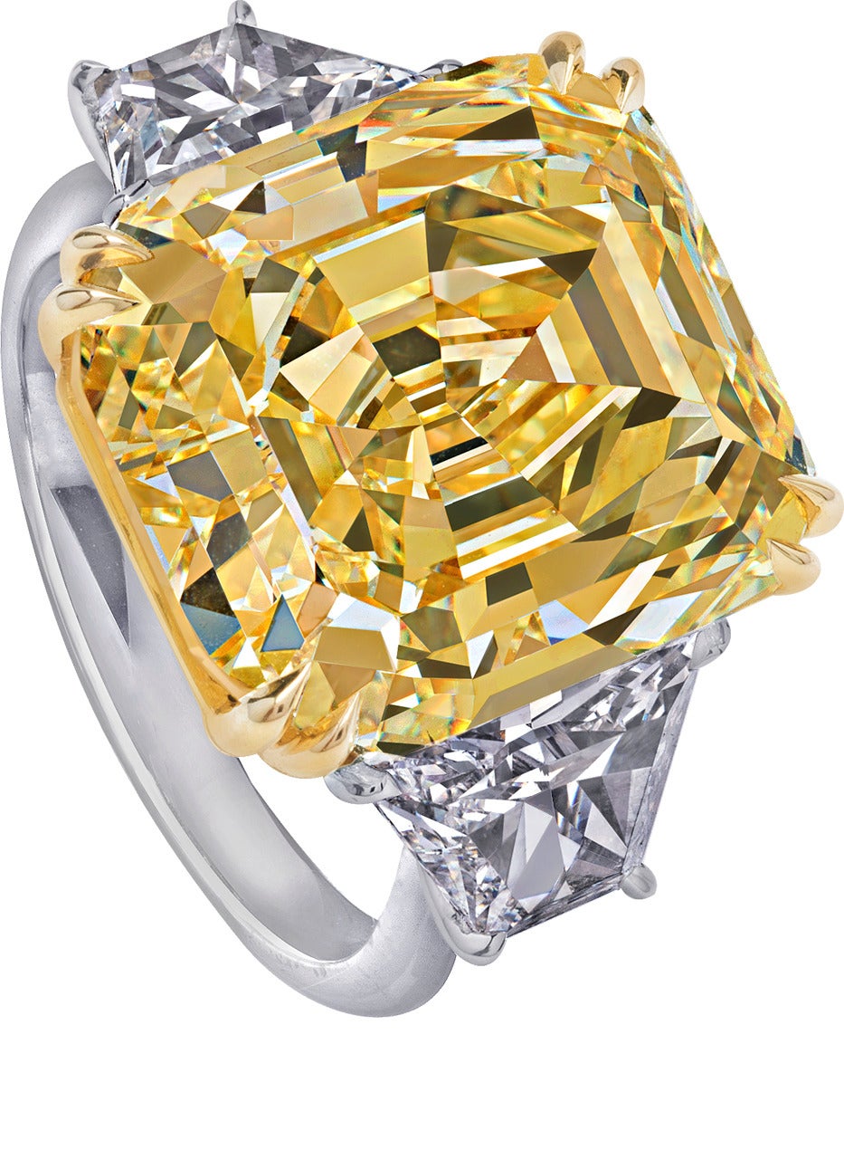 Most Fancy Intense Yellow diamonds are cushions, radiants or ovals, in other words brilliant cut. This Emerald-cut is very rare. The 14 carat Fancy Intense Yellow diamond contains the intensity despite the fact that it is step-cut which makes it