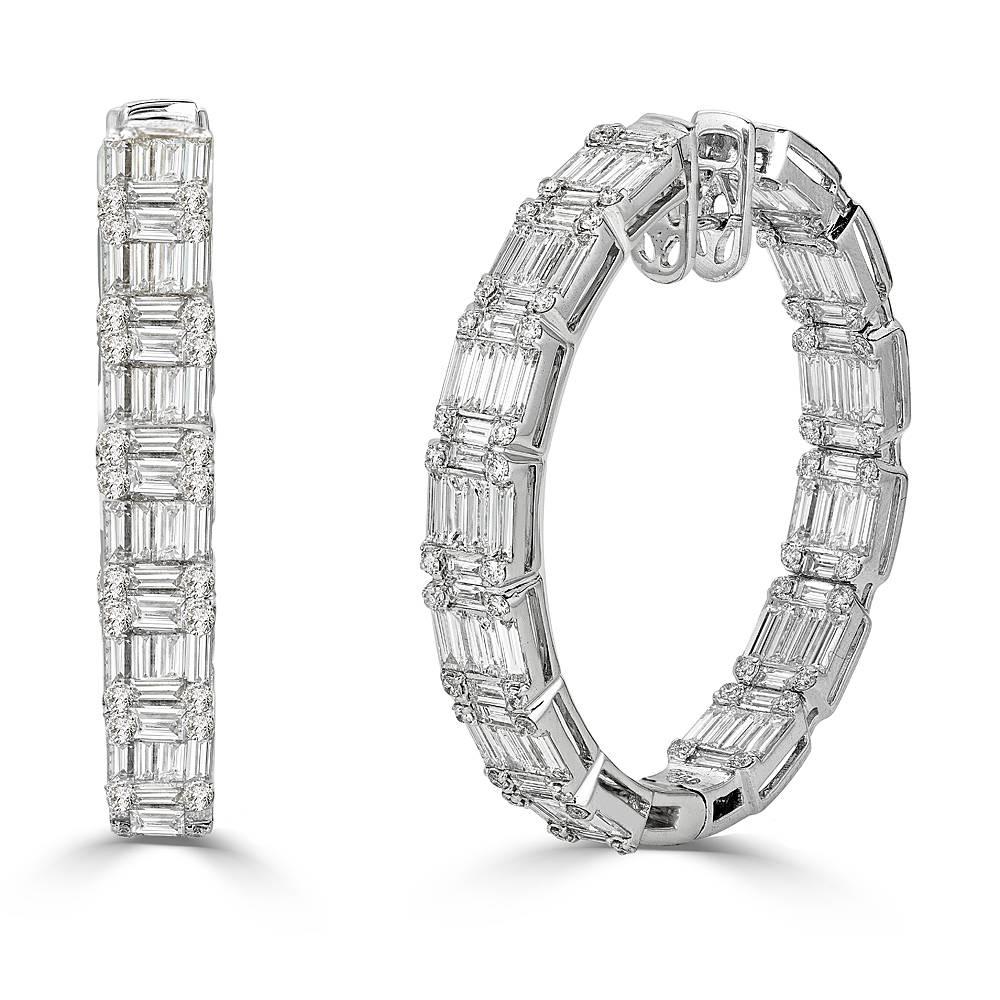 Large Hoop Earrings, 18K white gold, set with 7.82 carats of Baguettes Diamonds F color VVS clarity & 1.15 carats of round diamonds F color VVS clarity.