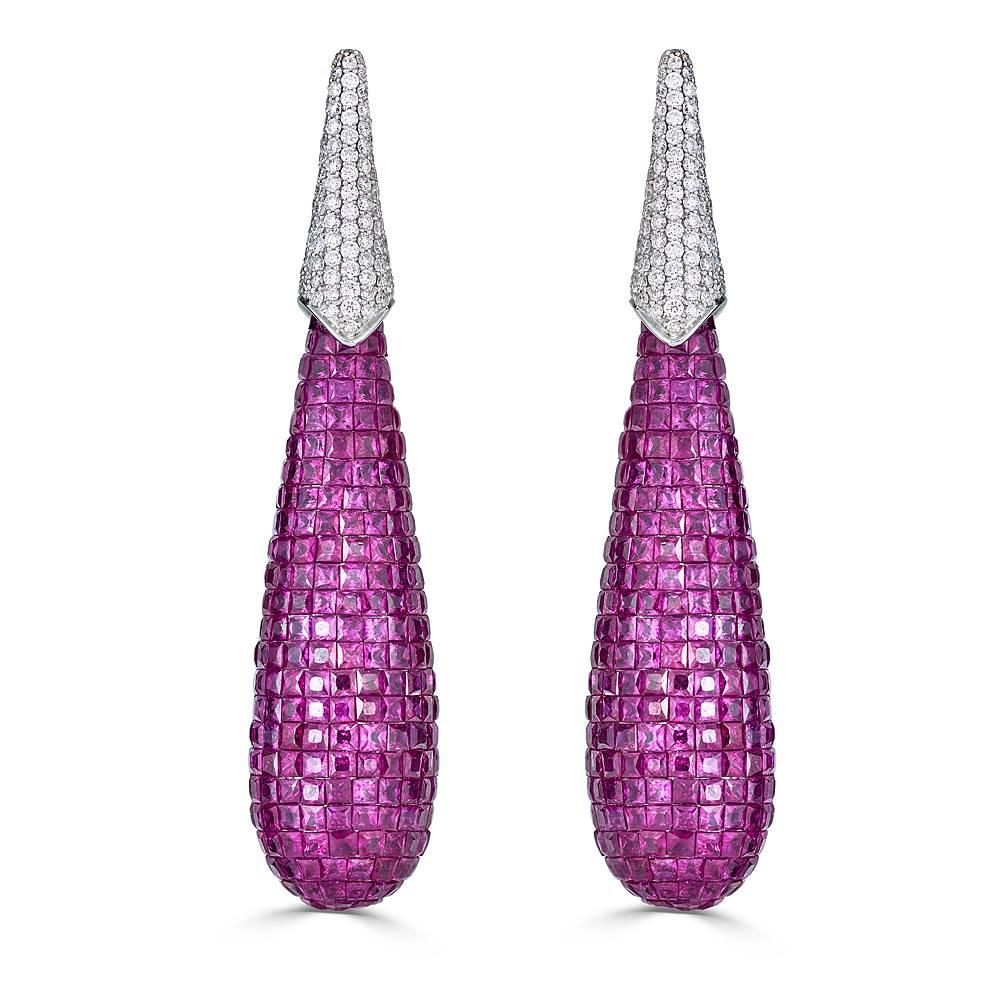 Long Drop Ruby & Diamond Earrings, set with 49.90 carats of Rubies & 2.46 carats of Diamonds.