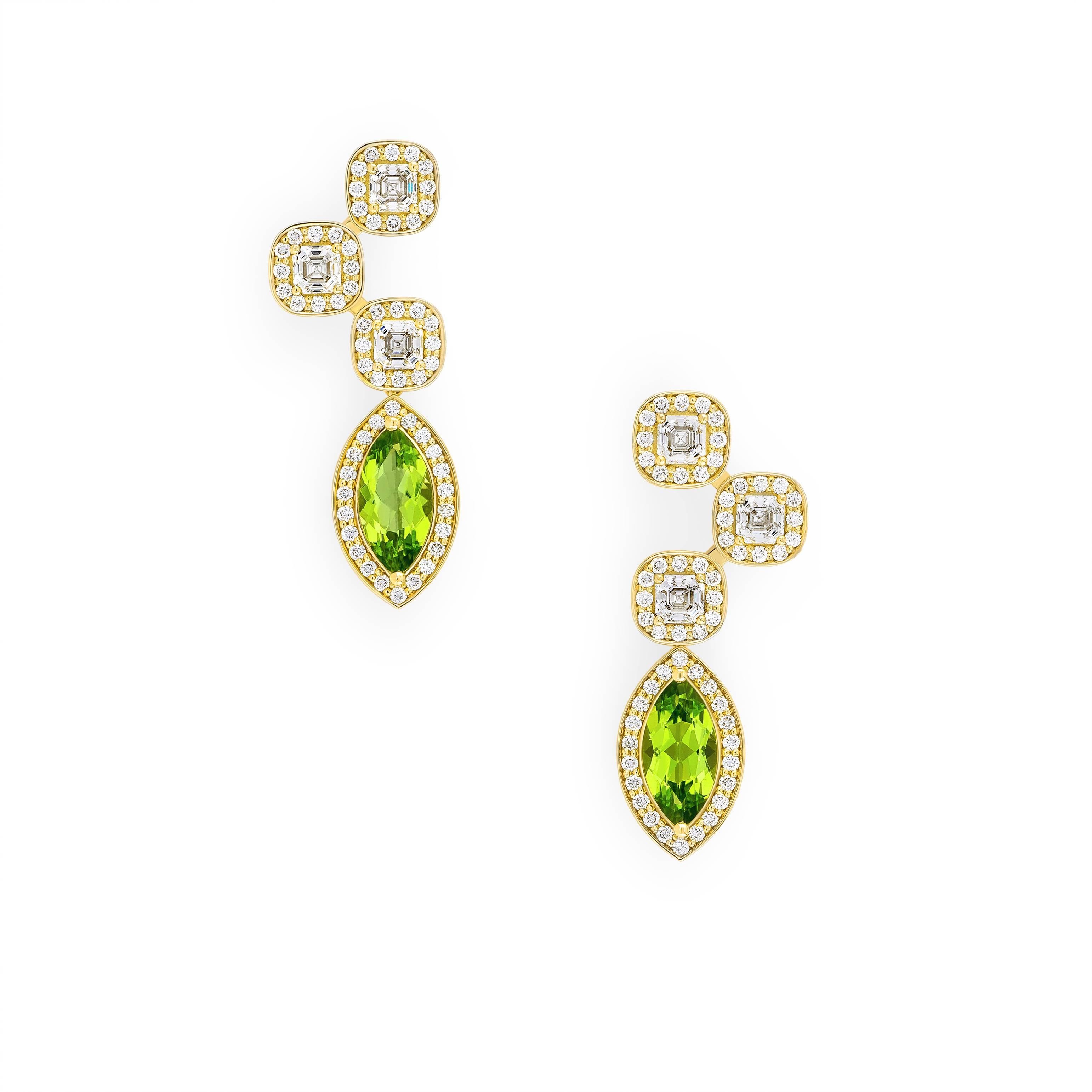 Regal, stately and bold, the Magnificent Earrings are every bit as majestic as their namesake, the Magnificent Bird of Paradise. Crafted in 18k Fairtrade gold, this piece features six natural Asscher cut diamonds (1.5 tct), two green peridot (2.4