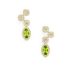 Yellow Gold Pave Set White Diamond Asscher Green Peridot Drop Earrings