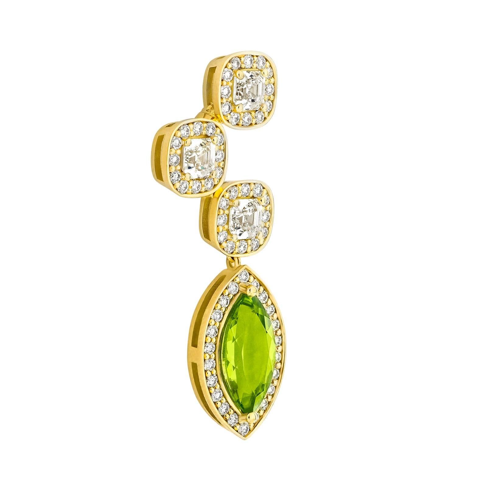 Yellow Gold Pave Set White Diamond Asscher Green Peridot Drop Earrings  For Sale 2