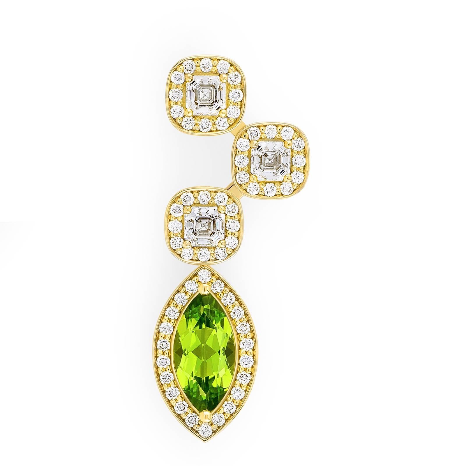 Yellow Gold Pave Set White Diamond Asscher Green Peridot Drop Earrings  For Sale 1