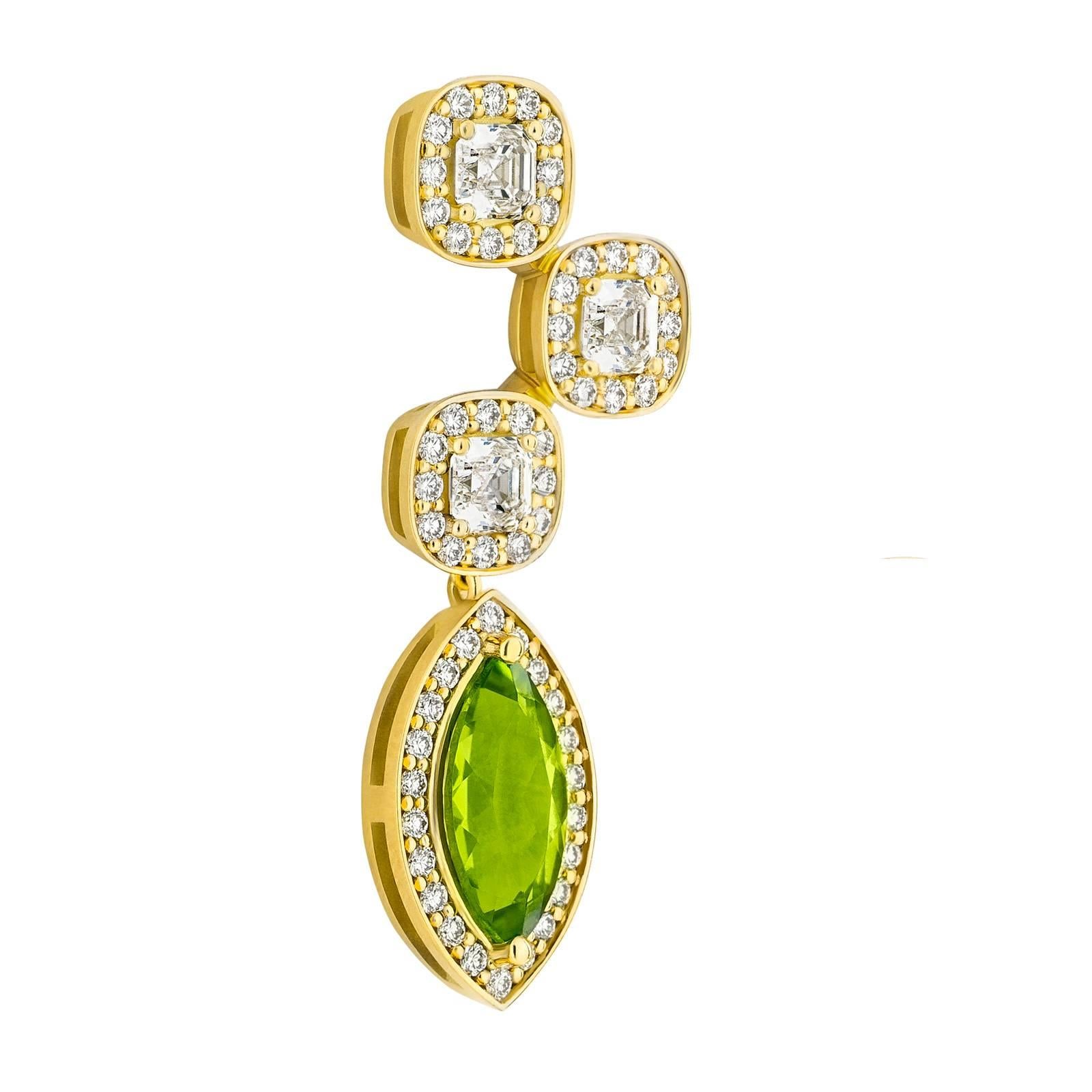 Yellow Gold Pave Set White Diamond Asscher Green Peridot Drop Earrings  For Sale 3