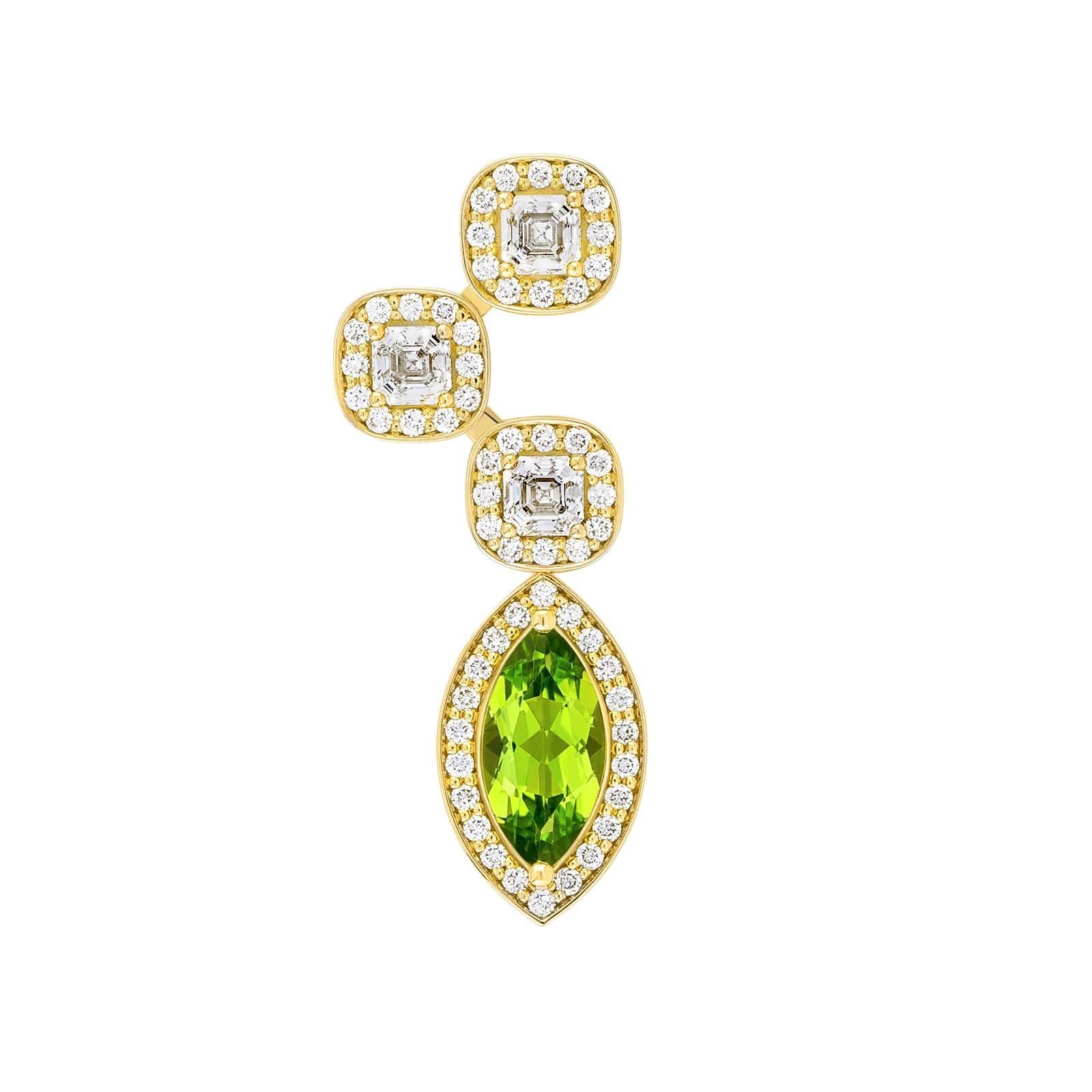 Women's Yellow Gold Pave Set White Diamond Asscher Green Peridot Drop Earrings  For Sale
