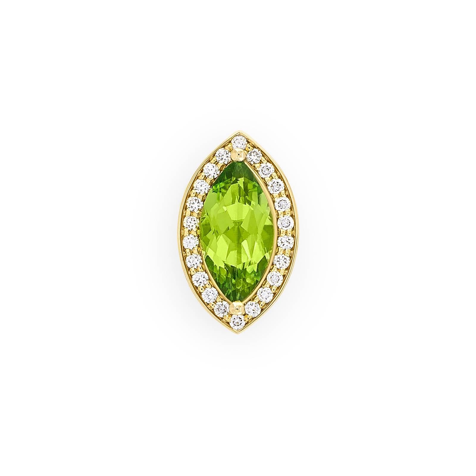 Yellow Gold Pave Set White Diamond Green Peridot Marquise Stud Earrings 1