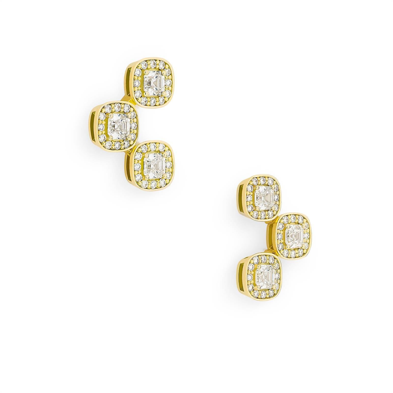 18 Karat Yellow Gold Pave Set White Diamond Asscher Drop Stud Earrings  In New Condition For Sale In Amsterdam, Noord-Holland