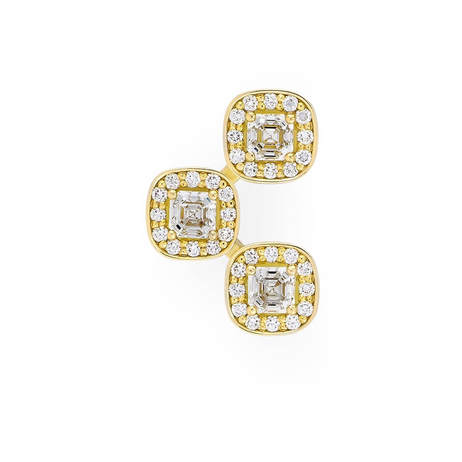 Women's 18 Karat Yellow Gold Pave Set White Diamond Asscher Drop Stud Earrings  For Sale