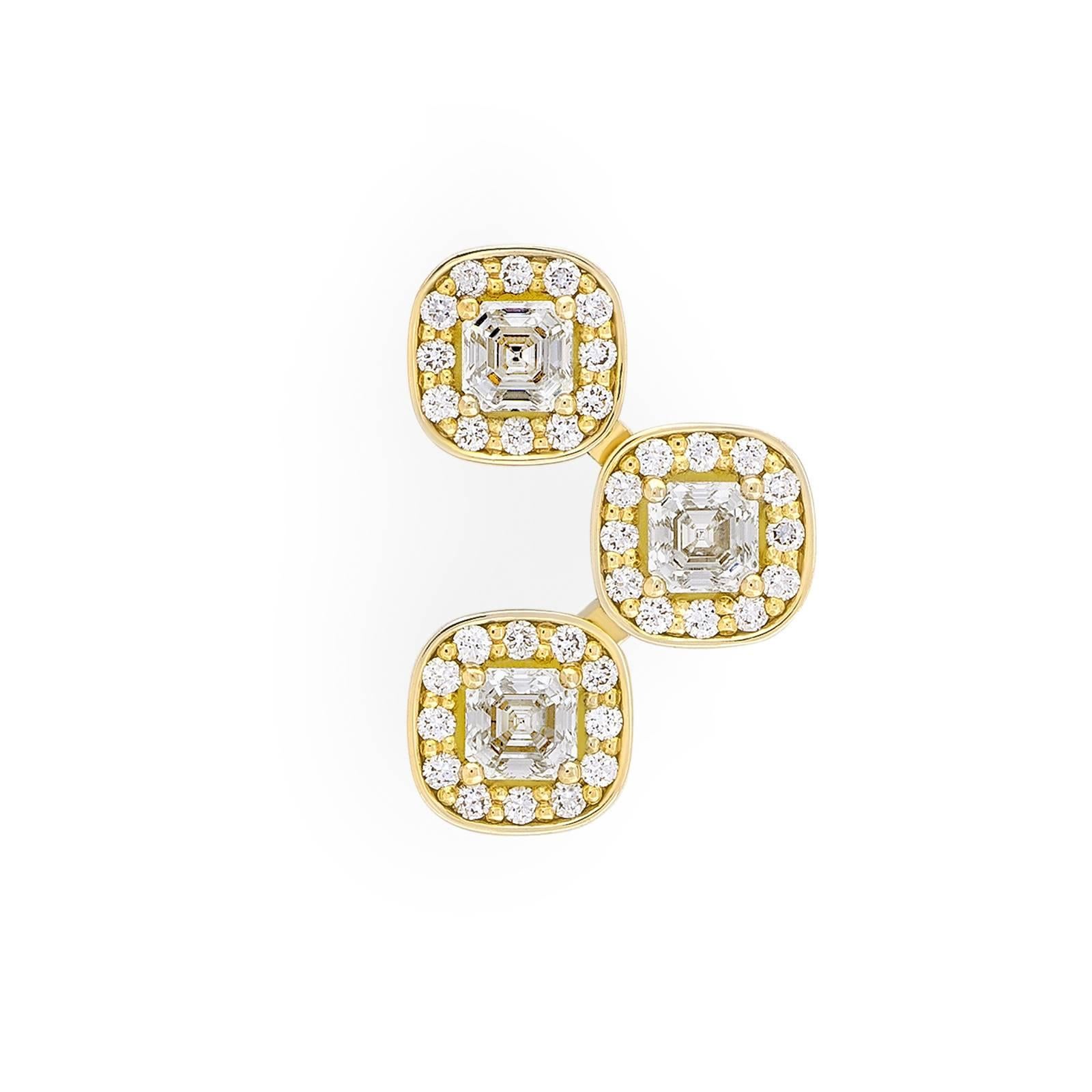 18 Karat Yellow Gold Pave Set White Diamond Asscher Drop Stud Earrings  For Sale 1