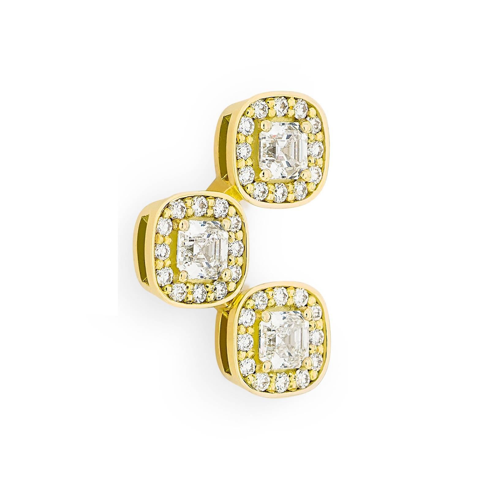 18 Karat Yellow Gold Pave Set White Diamond Asscher Drop Stud Earrings  For Sale 2