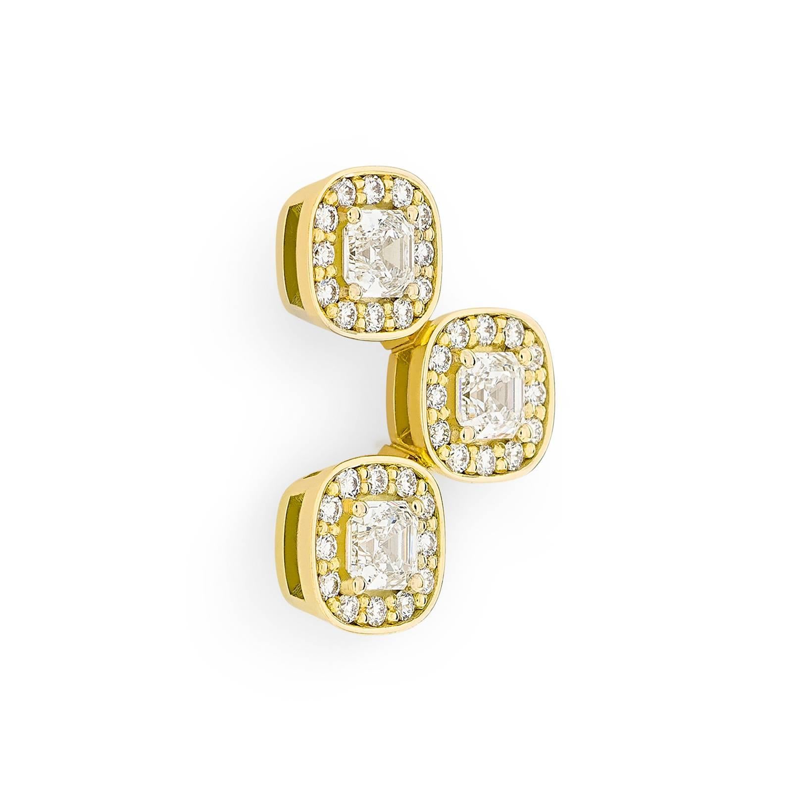 18 Karat Yellow Gold Pave Set White Diamond Asscher Drop Stud Earrings  For Sale 3