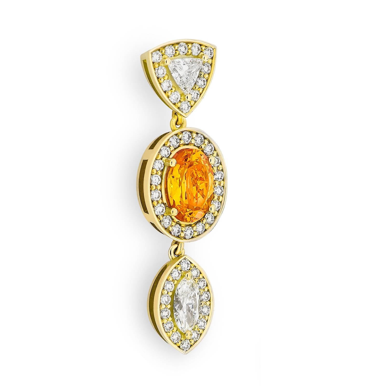 Yellow Gold Pave Set White Diamond Marquise Trillion Orange Garnets Earrings For Sale 1