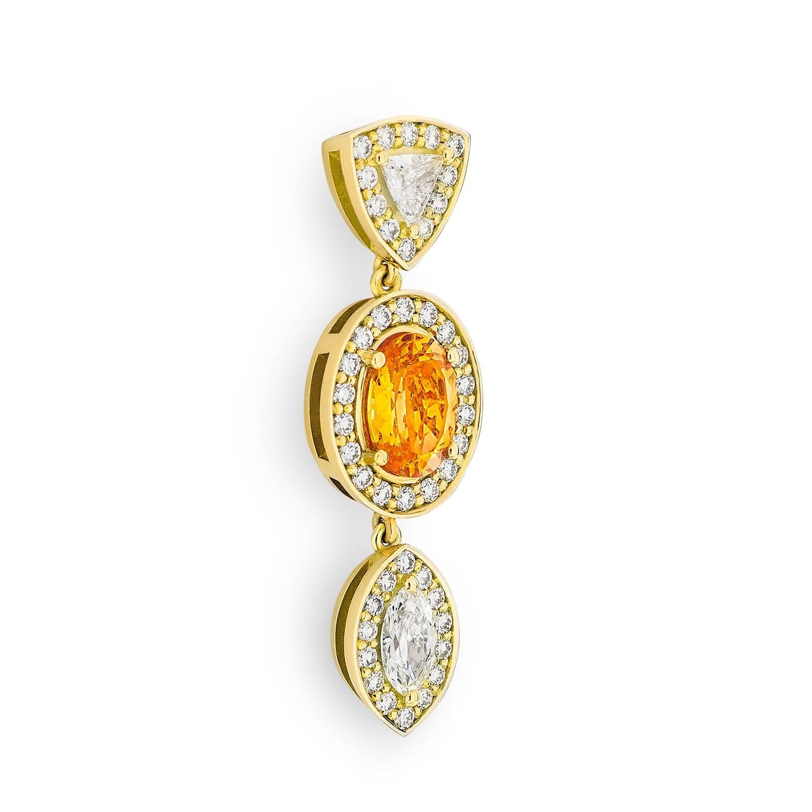 Yellow Gold Pave Set White Diamond Marquise Trillion Orange Garnets Earrings For Sale 2