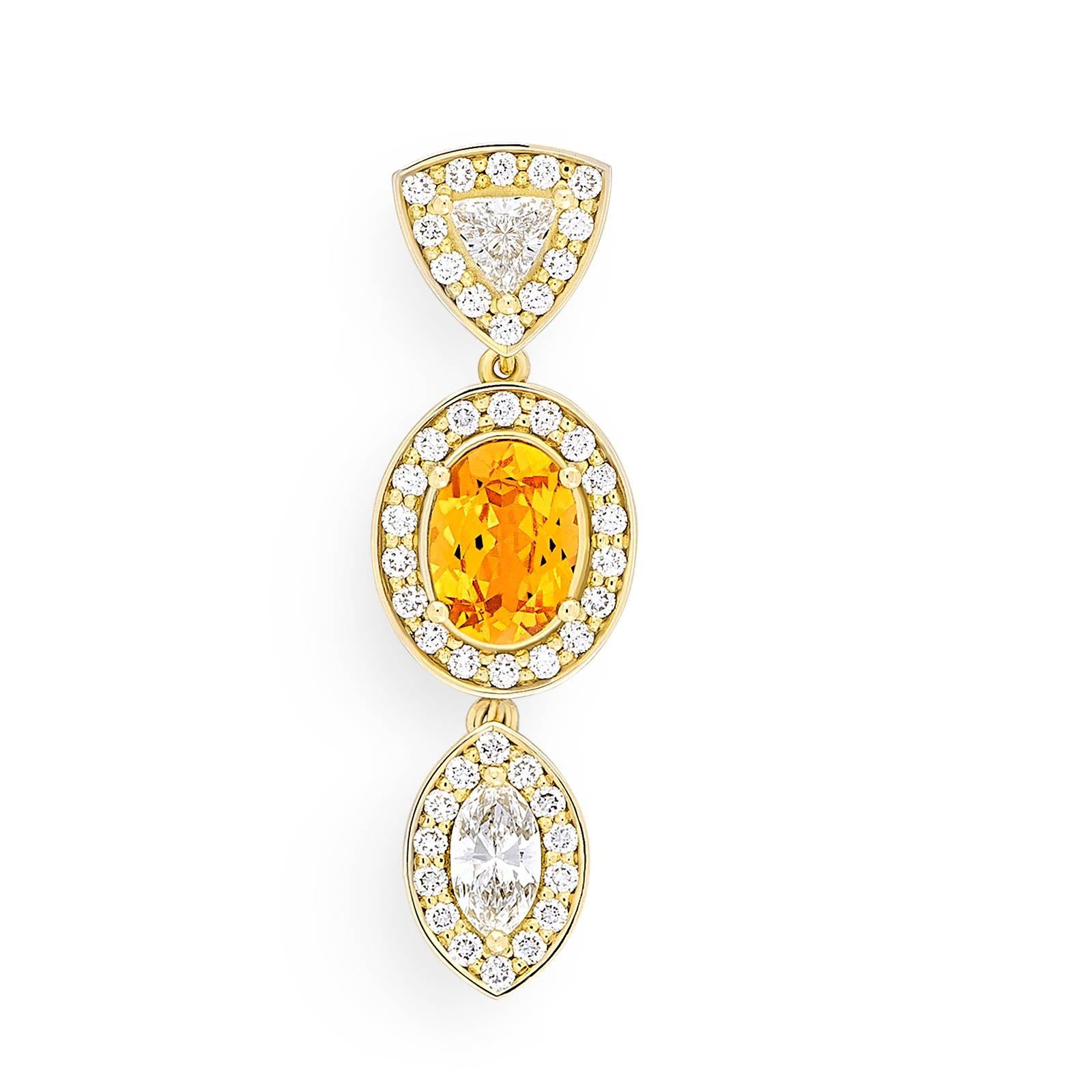 Women's Yellow Gold Pave Set White Diamond Marquise Trillion Orange Garnets Earrings For Sale
