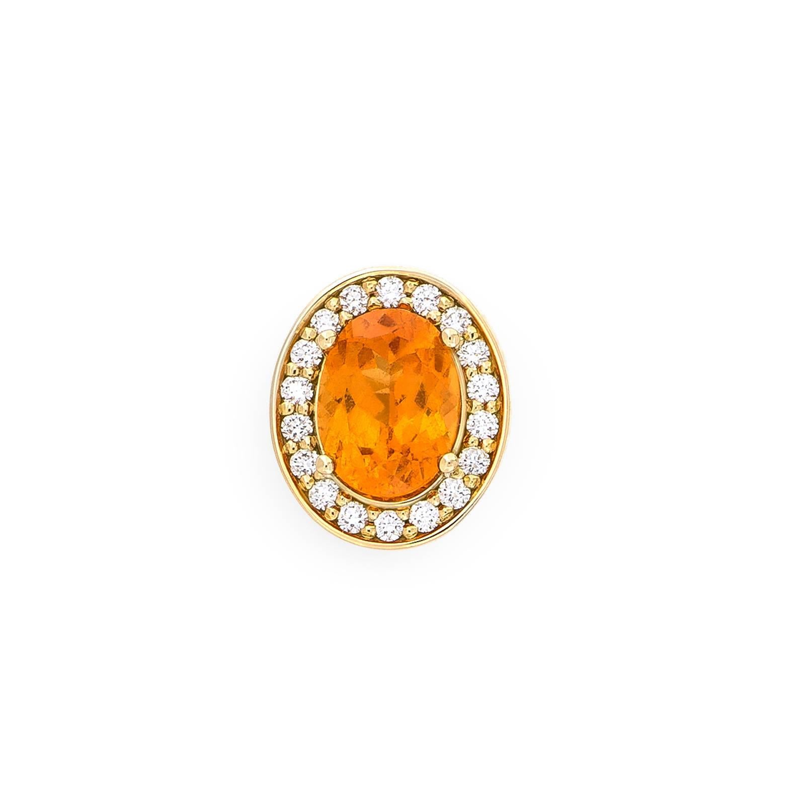 Yellow Gold Pave Set White Diamond Brilliant Orange Garnet Stud Earrings For Sale 1