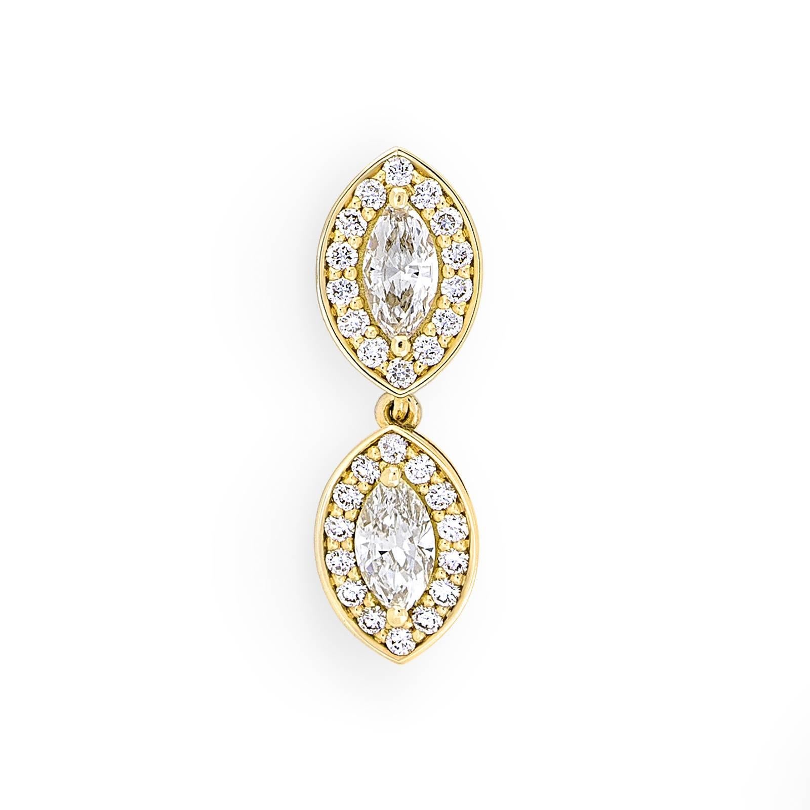 Yellow Gold Pave Set White Diamond Marquise Drop Dangle Earrings  In New Condition For Sale In Amsterdam, Noord-Holland