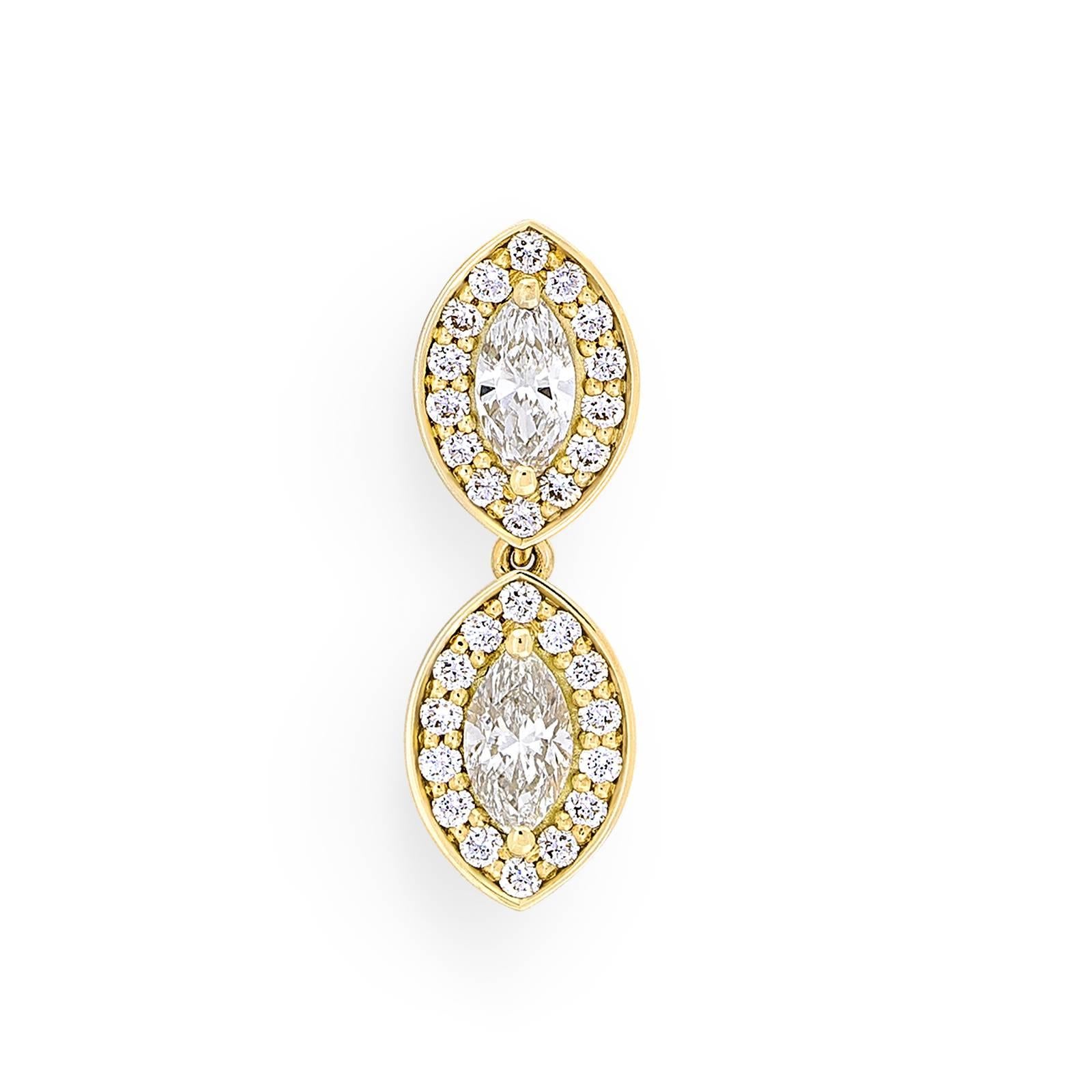 Women's Yellow Gold Pave Set White Diamond Marquise Drop Dangle Earrings  For Sale