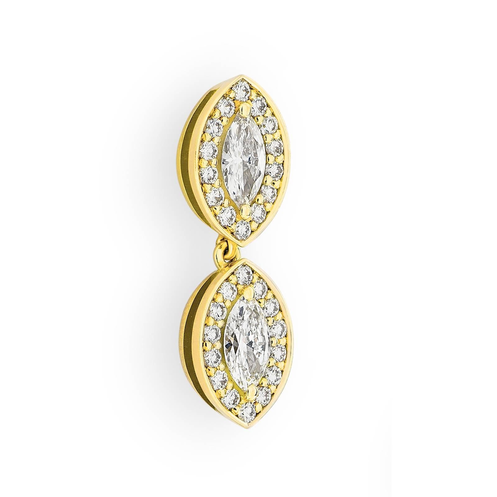 Yellow Gold Pave Set White Diamond Marquise Drop Dangle Earrings  For Sale 1