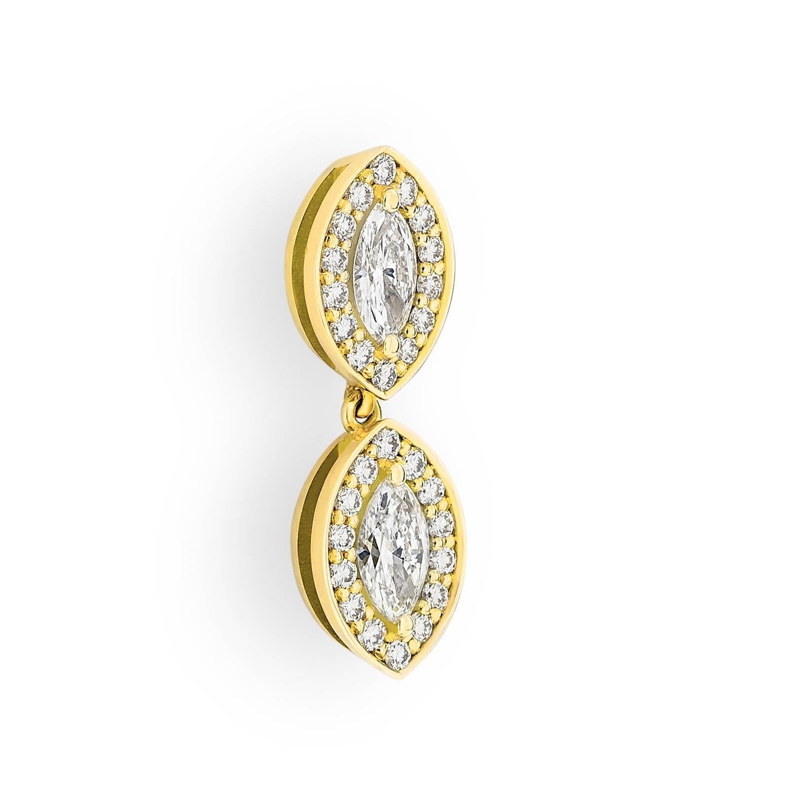 Yellow Gold Pave Set White Diamond Marquise Drop Dangle Earrings  For Sale 2