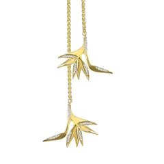 Yellow Gold Pave Set White Diamond Brilliant Double Drop Dangling Necklace