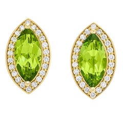 Yellow Gold Pave Set White Diamond Green Peridot Marquise Stud Earrings