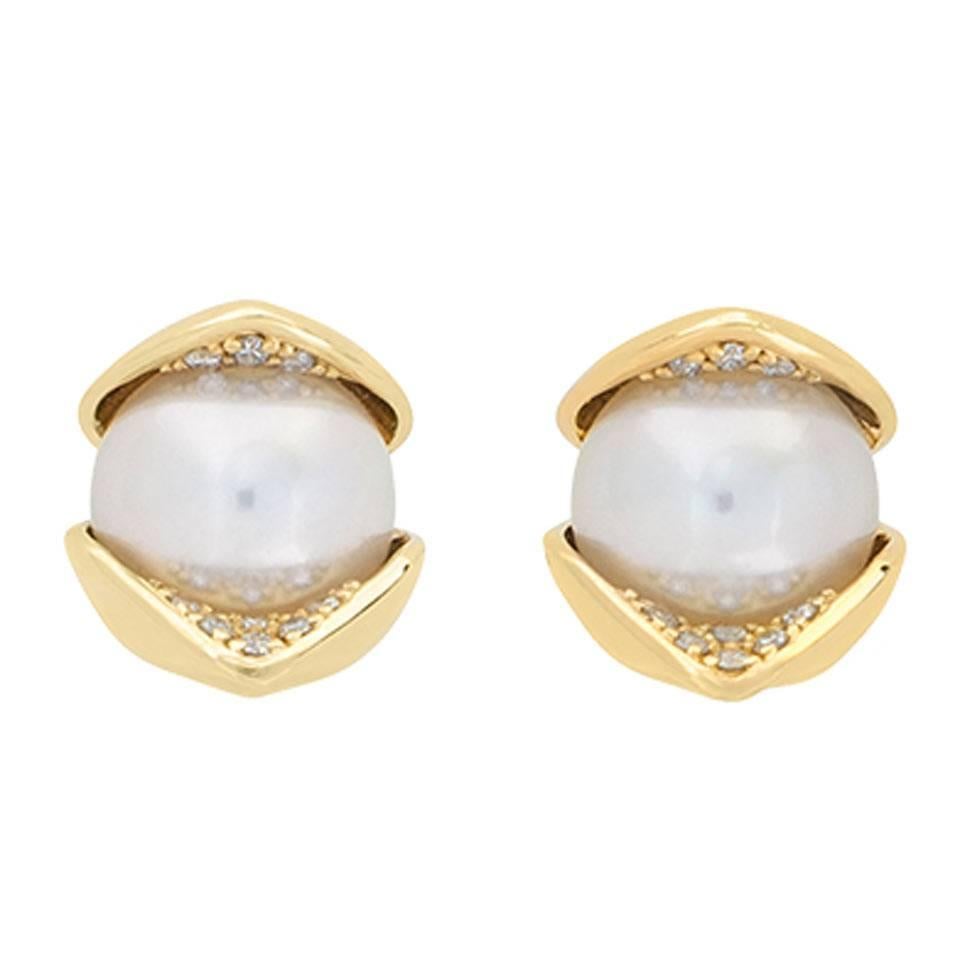 18 Karat Yellow Gold Pave Set White Diamond 8mm Akoya Pearls Stud Earrings For Sale
