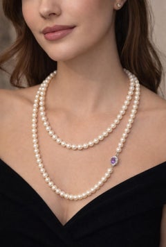 VINTAGE CULTURED PEARL Necklace with Diamonds & Amethyst White Gold Clasp