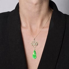 Antique Jadeite Jade Diamond Pendant, Circa 1900-1910, 6cm Long