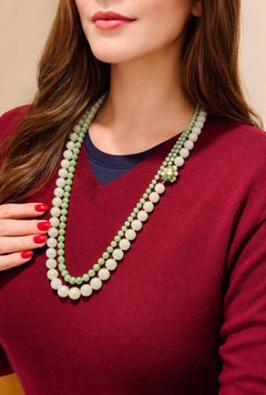Substantial Double Strand Natural Jade Bead Necklace with 14k Diamond & Pearl Cl
