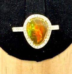 18K Gold Mexican Fire Opal & Diamond Cluster Ring, Size 6.5