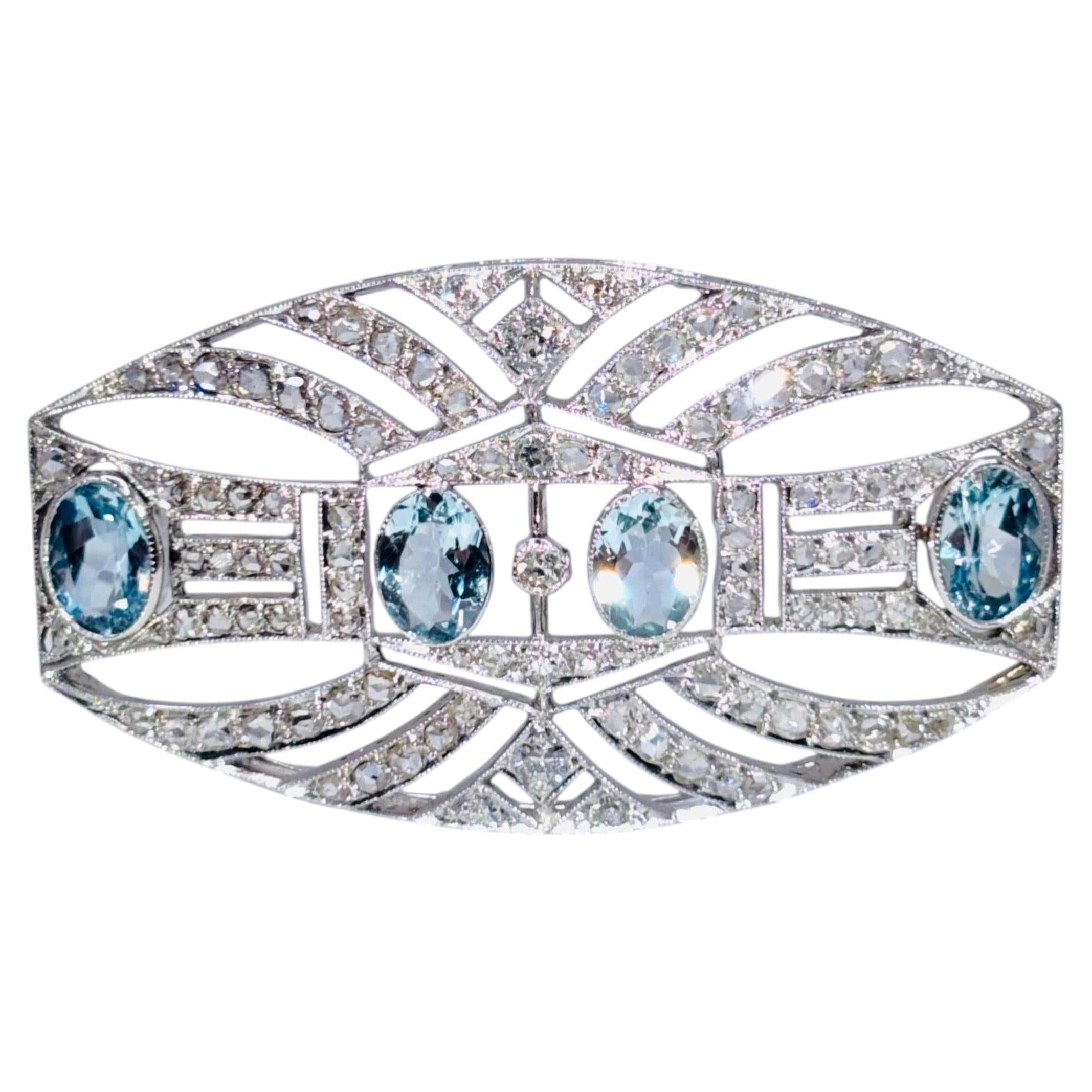 Antique Art Deco Platinum Diamond Aquamarine Brooch, French, Circa 1920s