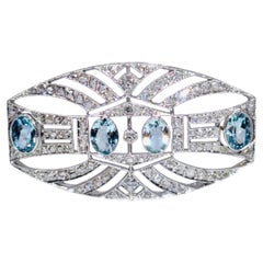 Spilla d'epoca in stile Art Déco in platino con diamanti e acquamarina, francese, intorno agli anni '20