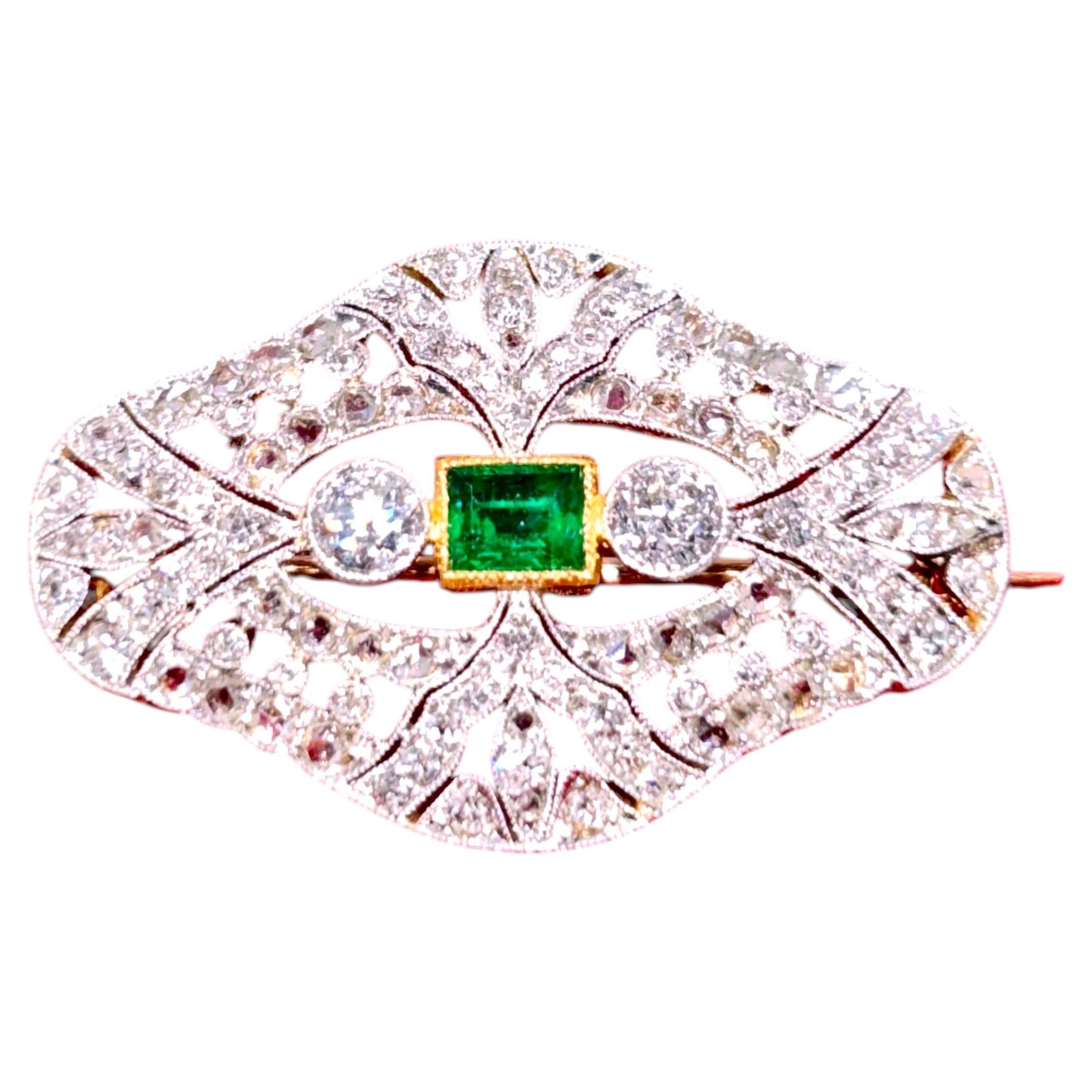 Antique Edwardian Platinum and Gold Emerald Diamond Brooch, Circa 1910